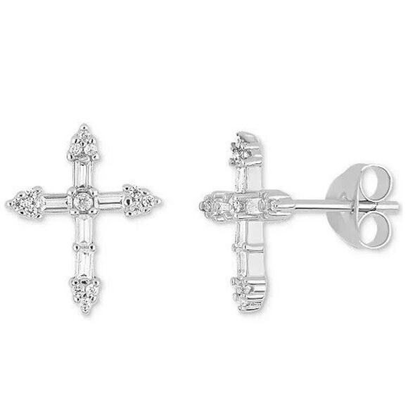 Cross Stud Earrings Sterling Silver CZ Faith Elegant Minimal Stylish Fashion NWT - Picture 1 of 4